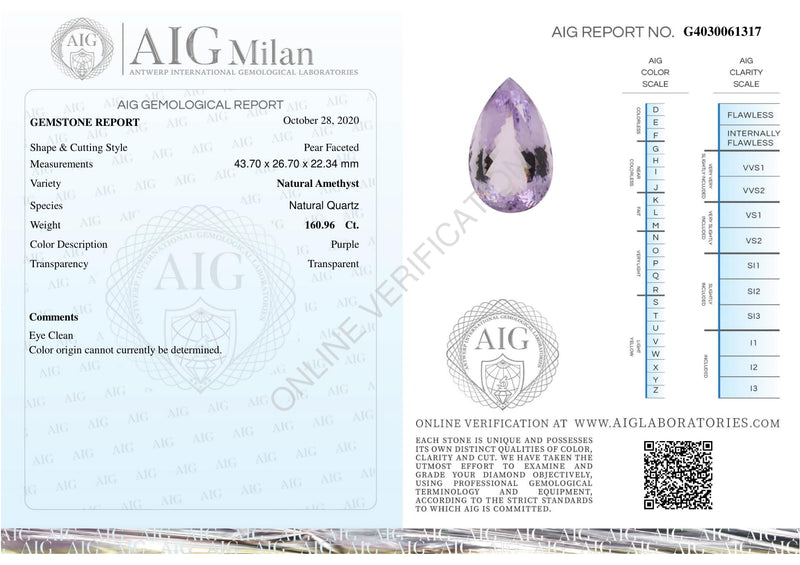 160.96 Carat Pear Purple Amethyst Gemstone
