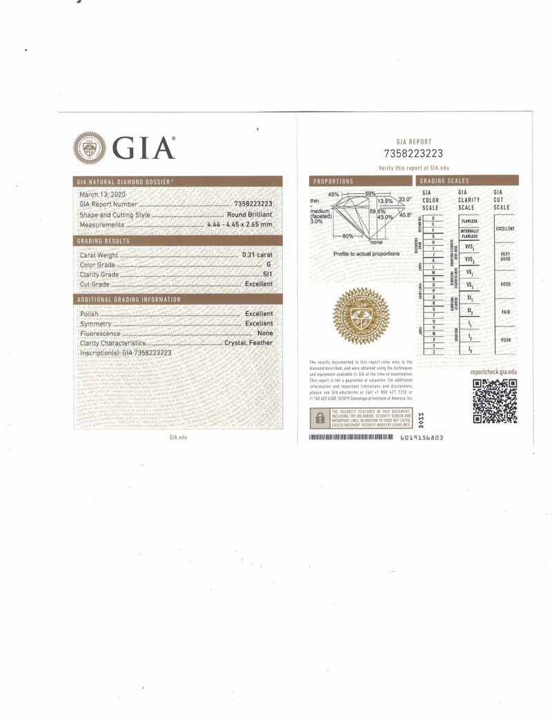 0.31 Carat Brilliant Round G SI1 Diamond-GIA Certified