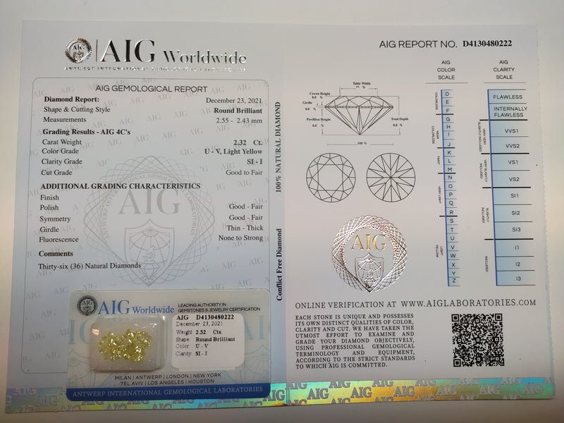 Round U - V, Light Yellow Color Diamond 2.32 Carat - AIG Certified
