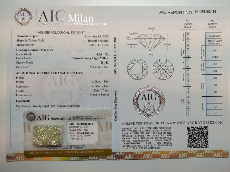 5.06 Carat Brilliant Round Fancy Light Yellow I1-I2 Diamonds-AIG Certified