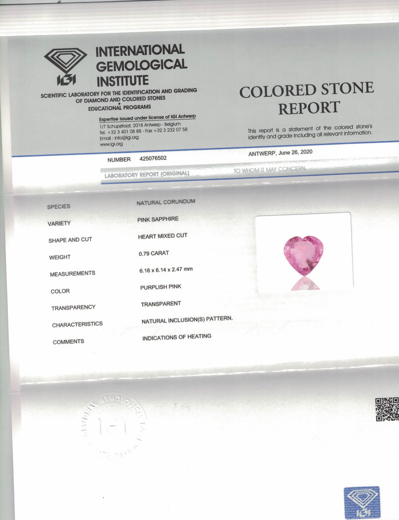 0.79 Carat Purplish Pink Color Heart Sapphire-IGI Certified