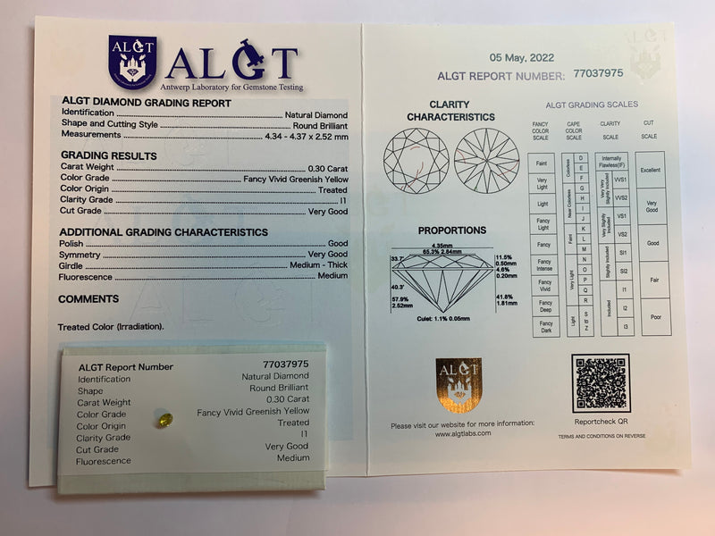 Round Fancy Vivid Yellow Color Diamond 0.28 Carat - ALGT Certified