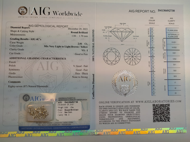 Round Mix Very Light to Light Brown - Yellow Color Diamond 2.01 Carat - AIG Certified