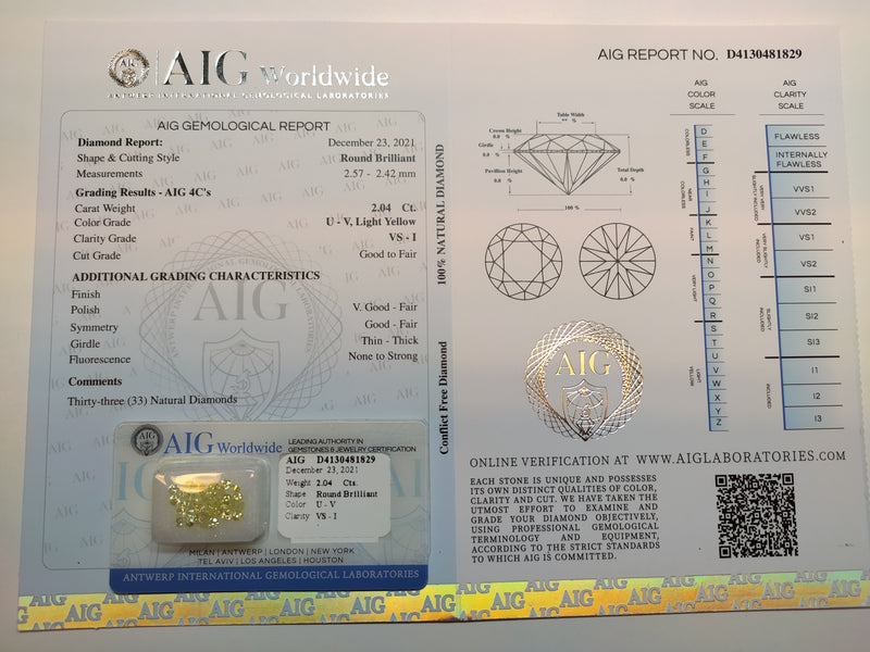 Round U - V, Light Yellow Color Diamond 2.04 Carat - AIG Certified