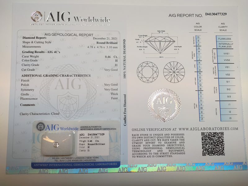Round H Color Diamond 0.46 Carat - AIG Certified